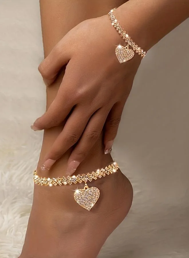 Take Two Women Gold Heart Rhinestone Anklet And Bracelet Set